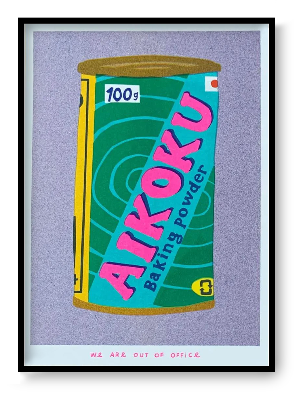Colorful risograph print of a vintage Japanese Aikoku baking powder can by We Are Out of Office – pop-art kitchen illustration with pink, teal, and yellow details on Biotop paper.