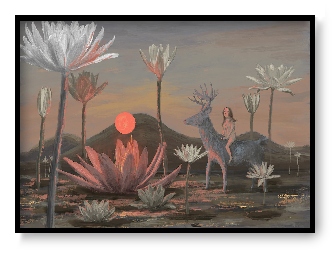 Dreamlike giclée art print featuring a woman riding a deer through a peaceful landscape of oversized water lilies at sunset, painted in soft pink, grey, and earthy tones. Horizontal fine art print for calm, nature-inspired interiors.