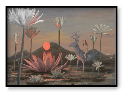 Dreamlike giclée art print featuring a woman riding a deer through a peaceful landscape of oversized water lilies at sunset, painted in soft pink, grey, and earthy tones. Horizontal fine art print for calm, nature-inspired interiors.