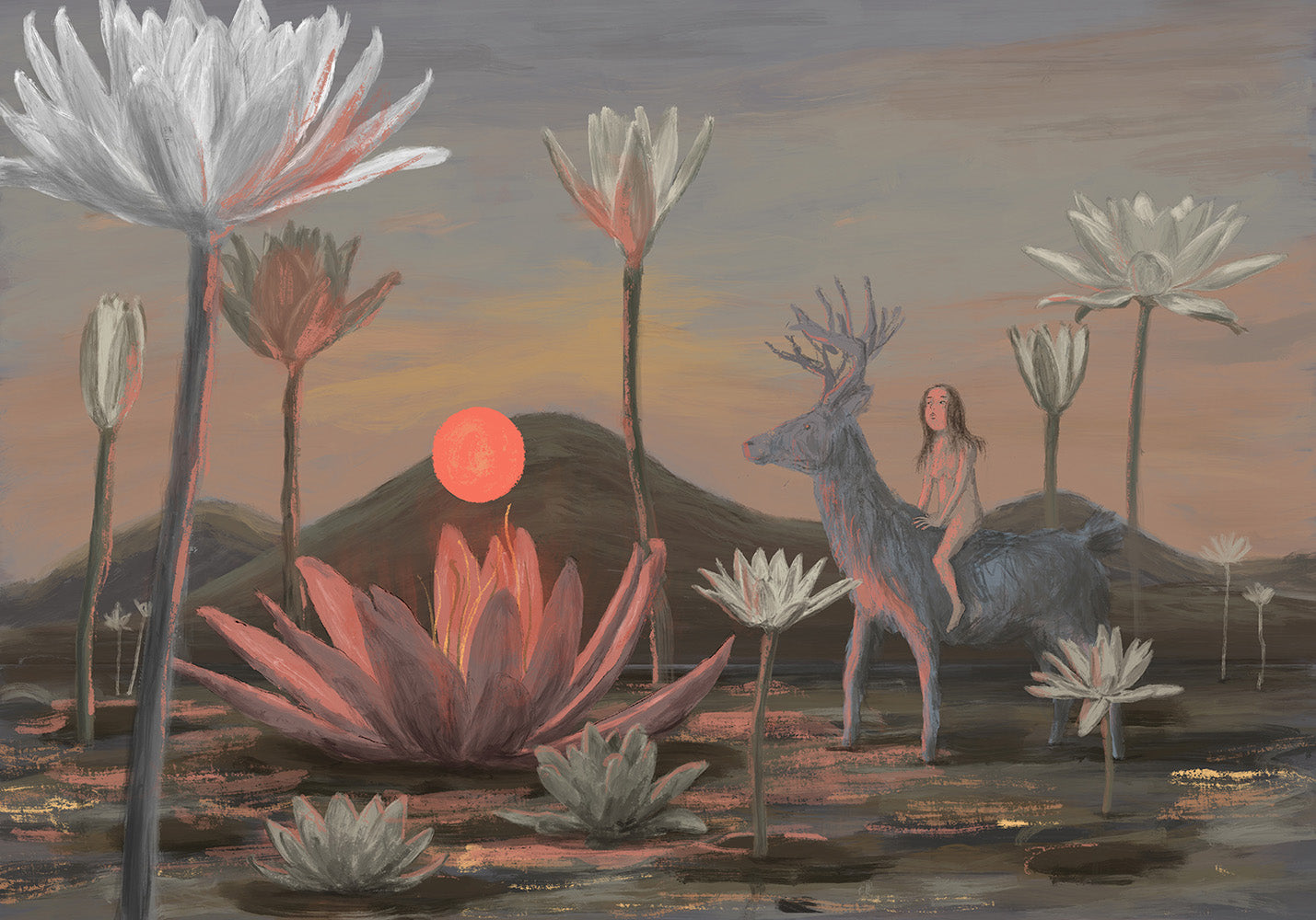 Dreamlike giclée art print featuring a woman riding a deer through a peaceful landscape of oversized water lilies at sunset, painted in soft pink, grey, and earthy tones. Horizontal fine art print for calm, nature-inspired interiors.