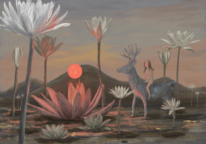 Dreamlike giclée art print featuring a woman riding a deer through a peaceful landscape of oversized water lilies at sunset, painted in soft pink, grey, and earthy tones. Horizontal fine art print for calm, nature-inspired interiors.