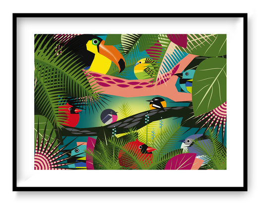 Bold and colorful jungle scene illustration by Studio Frits featuring a lively mix of exotic birds—including toucans and tropical songbirds—nestled among lush green leaves and graphic foliage. A striking, contemporary art print that brings the vibrancy of the Amazon rainforest into your space—perfect for modern interiors, bird lovers, and nature-inspired decor