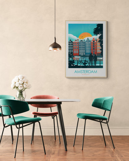 Colorful Amsterdam travel poster by Studio Inception featuring canal houses at sunset, a couple by the water, and a bicycle silhouette. Modern wall art print evoking Dutch architecture, romance, and vibrant city life.
