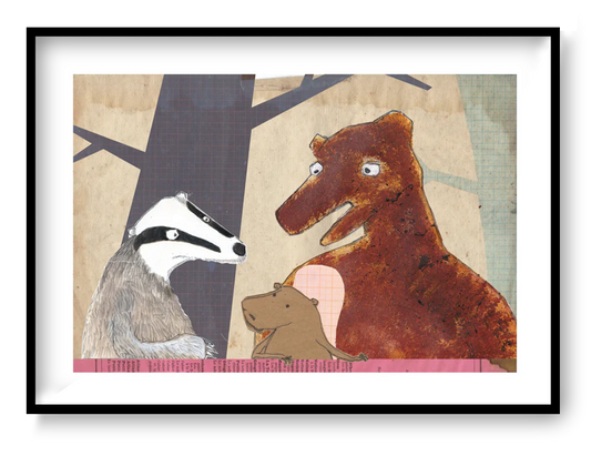 Whimsical collage-style illustrations by Studio Frits from the 'Animal School' series, featuring charming woodland creatures—bears, badgers, rabbits, and ducks—engaging in school-like scenes set in stylized forest environments. Created with layered textures, vintage maps, and paper cutout effects, these playful and imaginative prints are perfect for children’s rooms, creative spaces, and storybook-themed decor