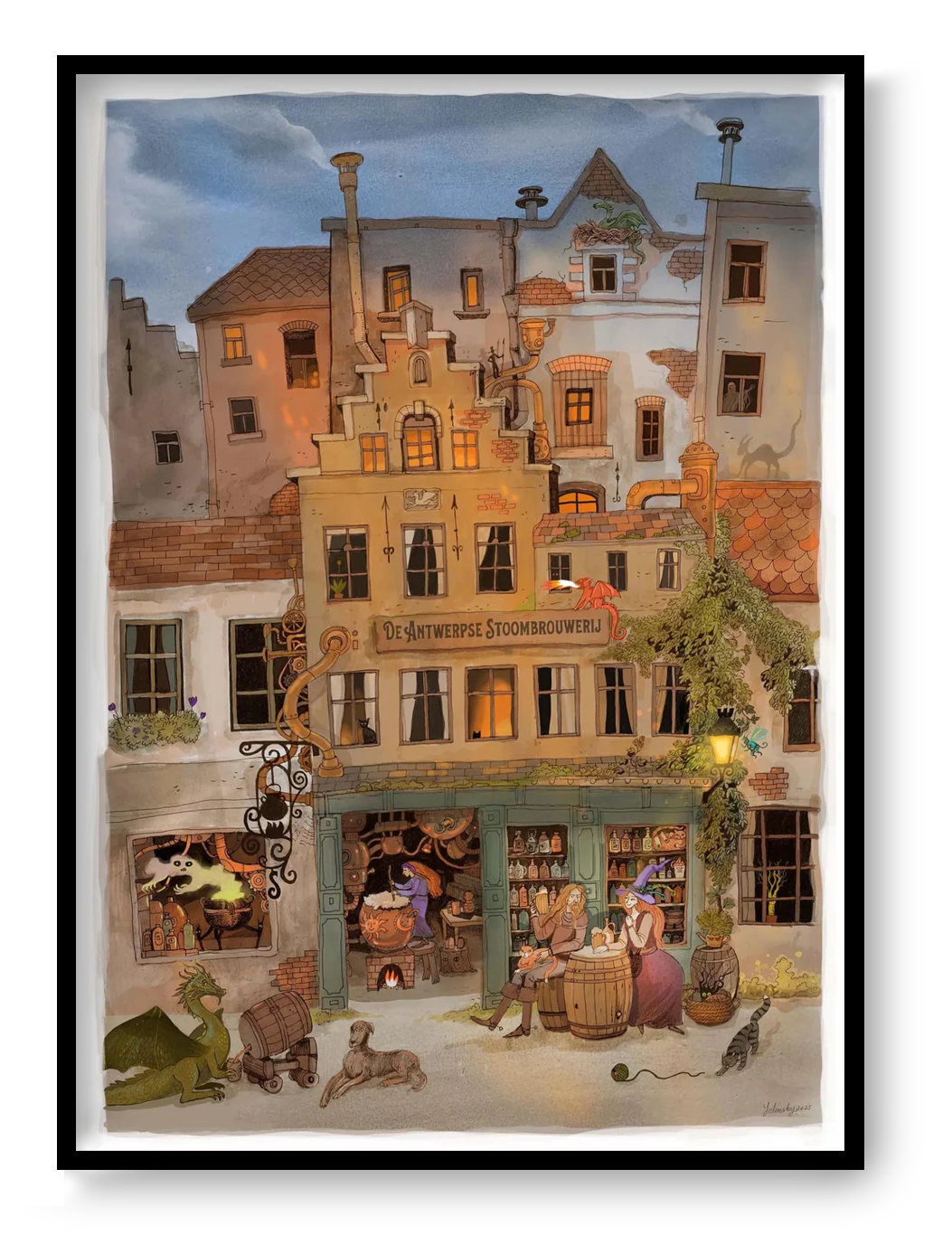 Whimsical fantasy illustration of a steampunk brewery in Antwerp with witches, dragons, and glowing lights by Lena Yampolski. Detailed giclée art print inspired by Flemish architecture, Belgian beer, and magical storytelling