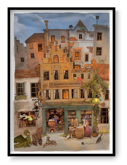 Whimsical fantasy illustration of a steampunk brewery in Antwerp with witches, dragons, and glowing lights by Lena Yampolski. Detailed giclée art print inspired by Flemish architecture, Belgian beer, and magical storytelling