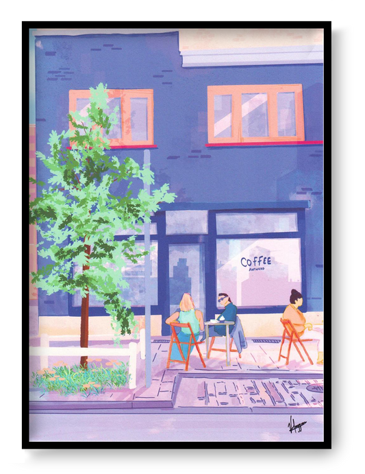 Antwerp Summer Coffee by Valeria Maggiani – A3 art print of a cozy summer café terrace in Antwerp with people enjoying coffee outdoors, urban lifestyle illustration in pastel tones, perfect wall art for design lovers and coffee enthusiasts.