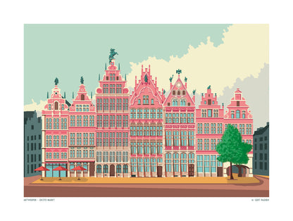 Grote Markt Antwerp illustration with historic guild houses in a colorful graphic style, architectural art print by Studio Frits