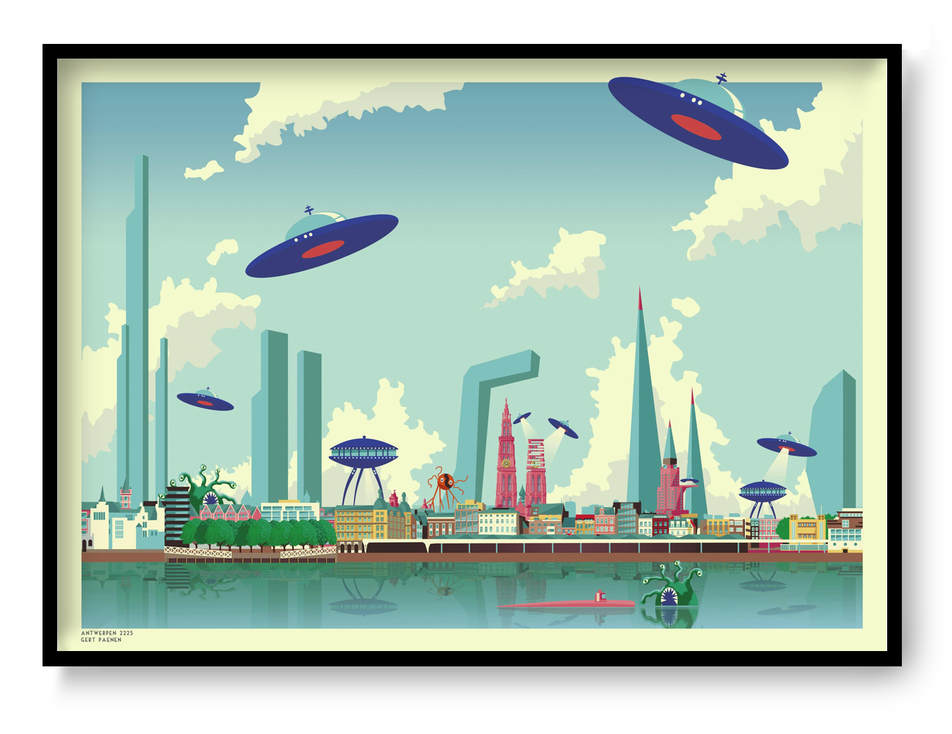 Futuristic illustration of Antwerp 2225 by Belgian artist Gert Paenen (Studio Frits), showing a colorful sci-fi city skyline with UFOs, sea monsters, and futuristic skyscrapers reflected in the Scheldt River – digital art print 50x70 cm available at Galerie Frits.