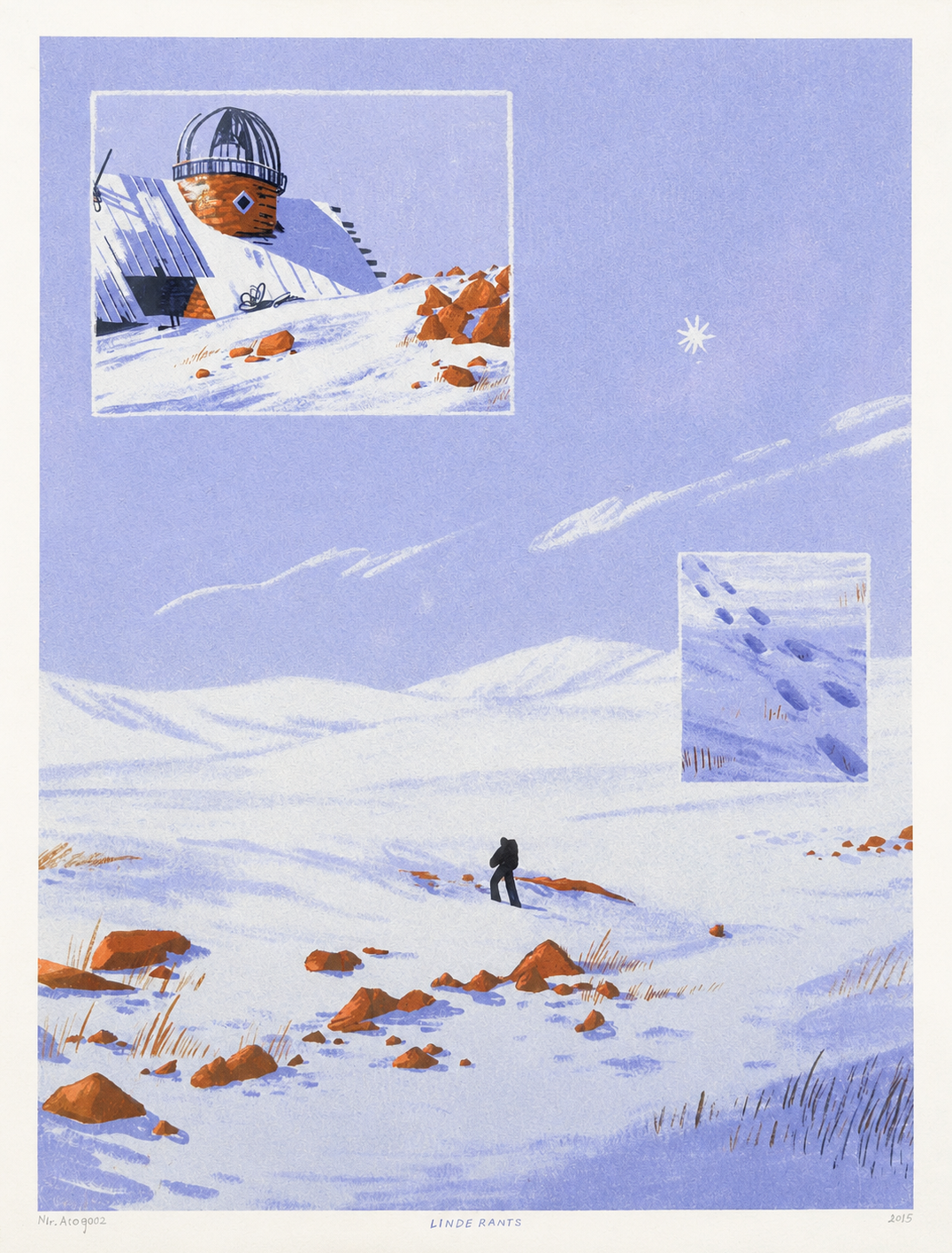 Mt Aragats by Linde Raats, a vertical giclée print showing a lone traveller in a snowy blue mountain landscape with orange rocks and an observatory, ideal as peaceful wall art for a living room or office.