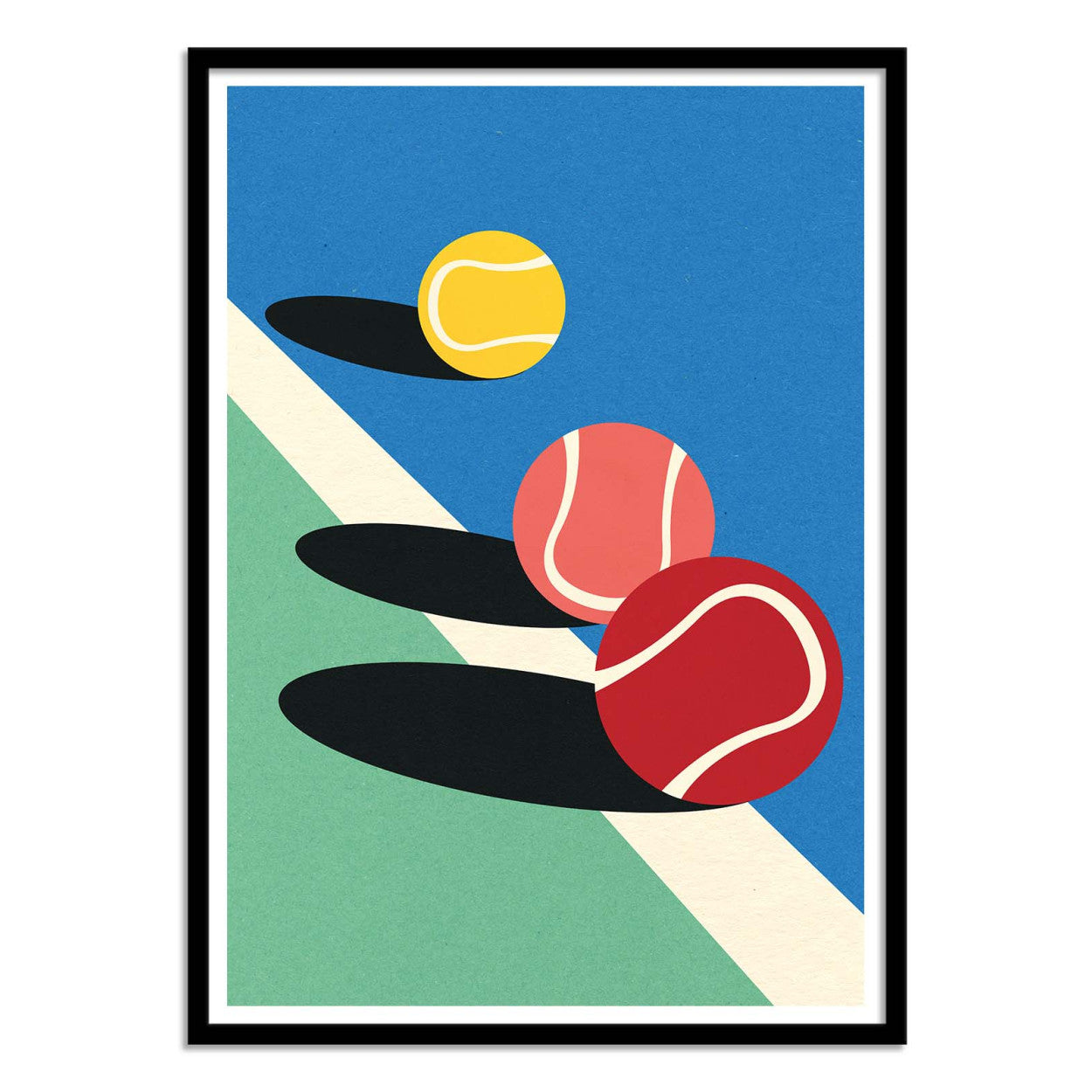 Minimalist art print 3 Tennis Balls by Rosi Feist — a vibrant digital illustration featuring three tennis balls in red, yellow, and pink with bold shadows on a blue and green court. Perfect contemporary wall art for sport lovers and modern design enthusiasts, 50 x 70 cm high-quality digital print.