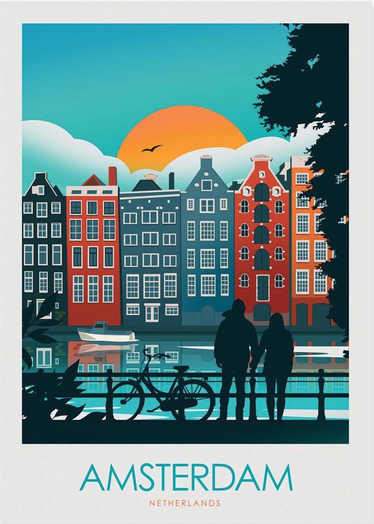 Colorful Amsterdam travel poster by Studio Inception featuring canal houses at sunset, a couple by the water, and a bicycle silhouette. Modern wall art print evoking Dutch architecture, romance, and vibrant city life.
