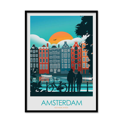 Colorful Amsterdam travel poster by Studio Inception featuring canal houses at sunset, a couple by the water, and a bicycle silhouette. Modern wall art print evoking Dutch architecture, romance, and vibrant city life.