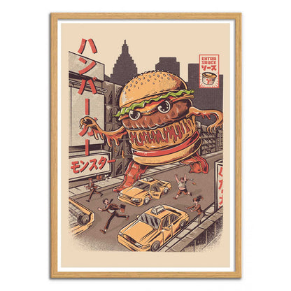 Burgerzilla by Illustrata – 30x40 cm retro pop art print featuring a giant anthropomorphic hamburger Kaiju monster rampaging through a city with taxis and fleeing people. Vintage Japanese poster style, warm retro color palette, FSC-certified eco paper, printed in France, unframed wall art for fans of comics, cult cinema, and quirky illustrations.