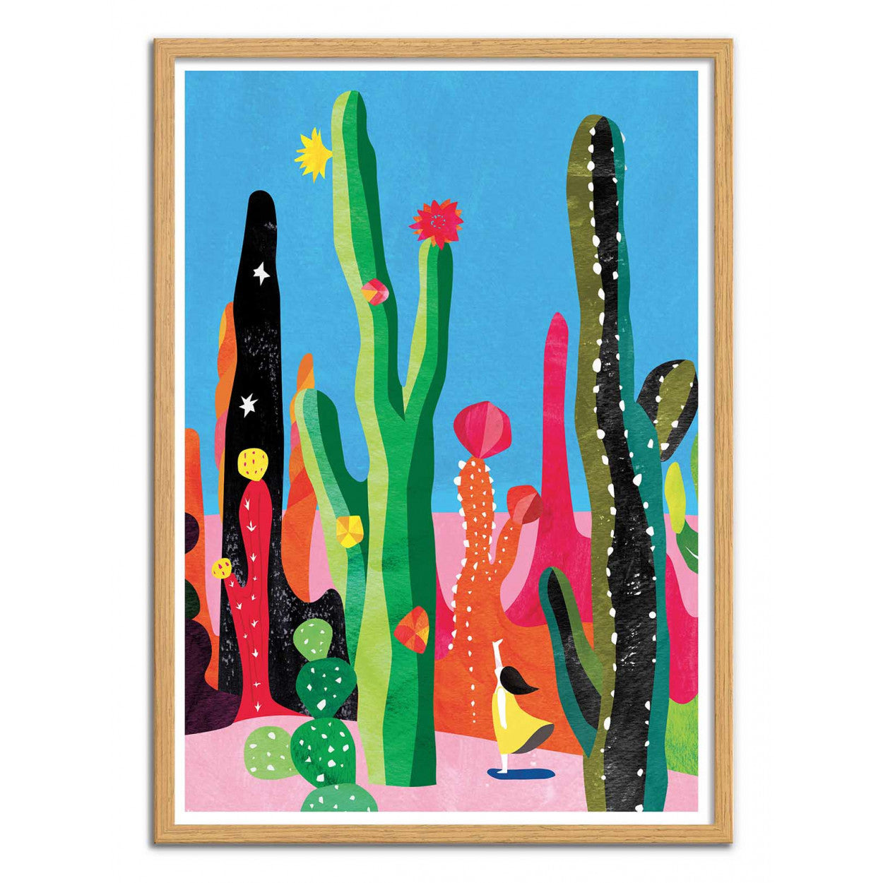 Cactus by Shihotana – 30x40 cm Japanese art print featuring a whimsical girl exploring a surreal desert filled with tall, colorful cacti under a bright sky. Dreamlike illustration in vibrant tones, printed in France on FSC-certified eco paper, unframed wall art inspired by nature and fantasy worlds.