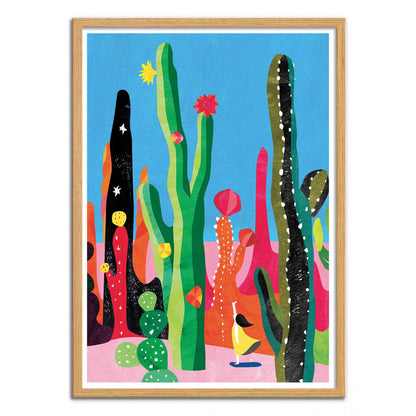 Cactus by Shihotana – 30x40 cm Japanese art print featuring a whimsical girl exploring a surreal desert filled with tall, colorful cacti under a bright sky. Dreamlike illustration in vibrant tones, printed in France on FSC-certified eco paper, unframed wall art inspired by nature and fantasy worlds.