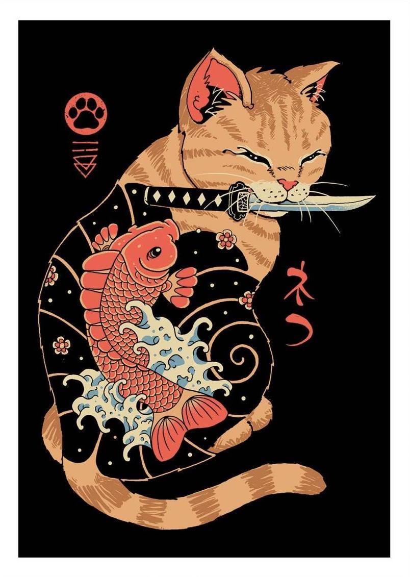 High-quality digital art print by Vincent Trinidad titled Tattooed Cat, featuring a stylized orange cat with a koi fish tattoo and a katana in its mouth, blending Japanese tattoo art and pop culture aesthetics. Perfect wall art for lovers of Japan-inspired design and contemporary illustration.