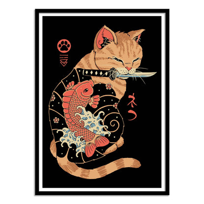 High-quality digital art print by Vincent Trinidad titled Tattooed Cat, featuring a stylized orange cat with a koi fish tattoo and a katana in its mouth, blending Japanese tattoo art and pop culture aesthetics. Perfect wall art for lovers of Japan-inspired design and contemporary illustration.