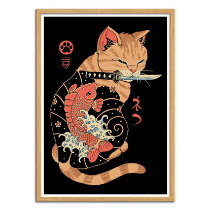 High-quality digital art print by Vincent Trinidad titled Tattooed Cat, featuring a stylized orange cat with a koi fish tattoo and a katana in its mouth, blending Japanese tattoo art and pop culture aesthetics. Perfect wall art for lovers of Japan-inspired design and contemporary illustration.