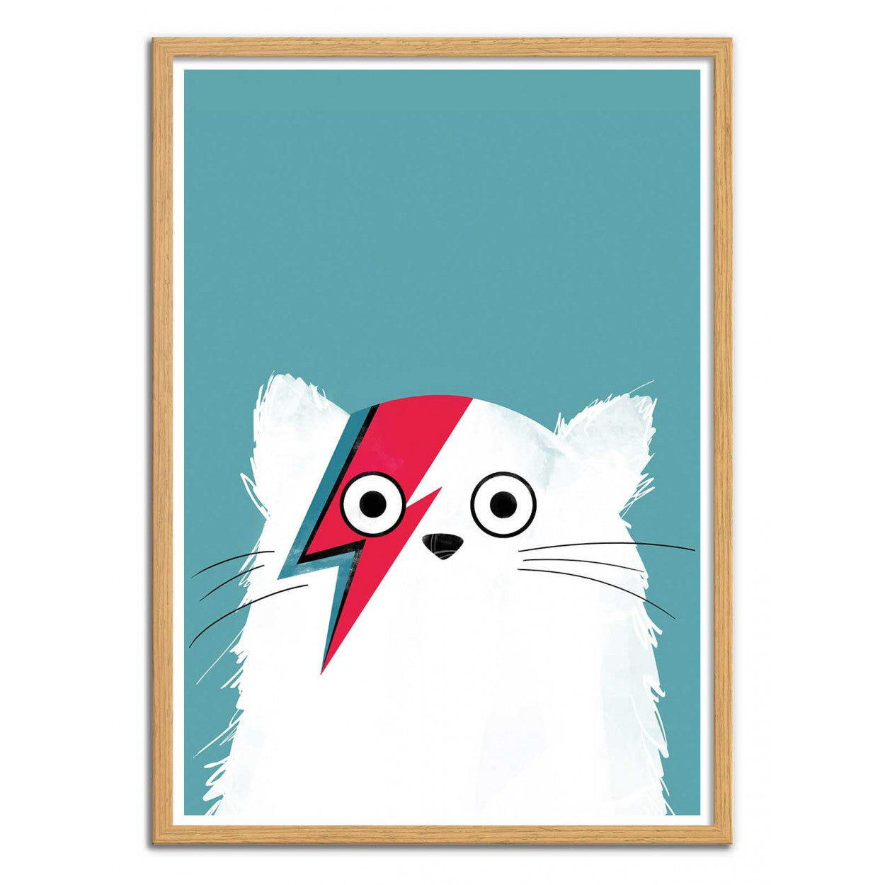 Cat Bowie White by Doozal – 30x40 cm art print of a white cat with David Bowie’s iconic red lightning bolt face paint on a teal background. Fun pop-culture wall art for kids’ bedrooms or modern interiors. Printed in France/EU on FSC-certified eco-friendly paper, unframed poster.
