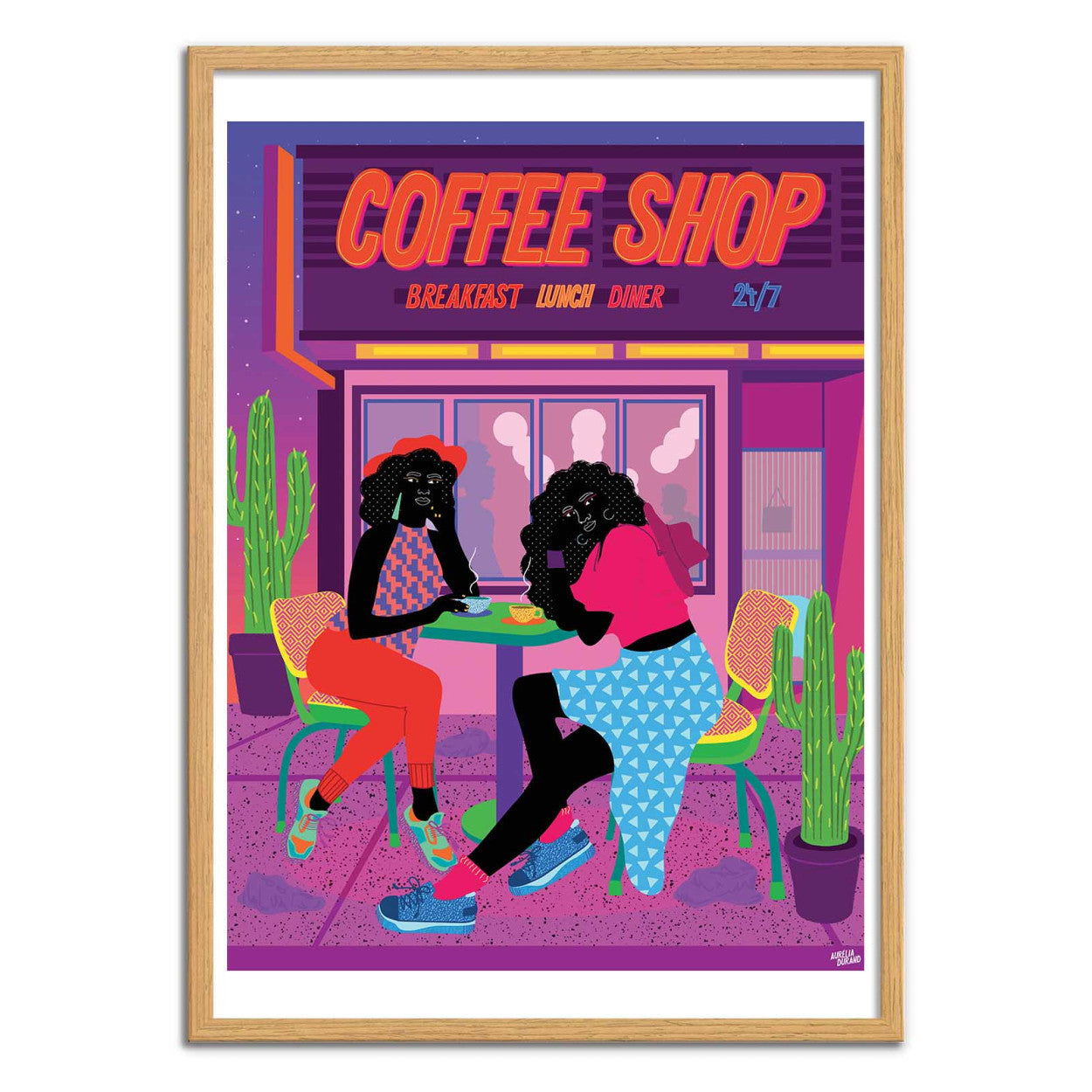 Dallas Coffee Shop by Aurélia Durand – 30x40 cm art print of two friends enjoying coffee outside a neon diner at night. Vibrant illustration full of bold colors, cacti, and cultural diversity, celebrating joy and connection. Printed in France on FSC-certified paper.