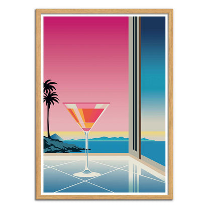 Fantasy Martini by Vistas Studio – 30x40 cm minimalist art print of a martini glass with a colorful sunset view by the sea. Elegant coastal wall art featuring palm trees, ocean horizon, and architectural lines. Perfect modern summer decor, printed on FSC-certified paper.