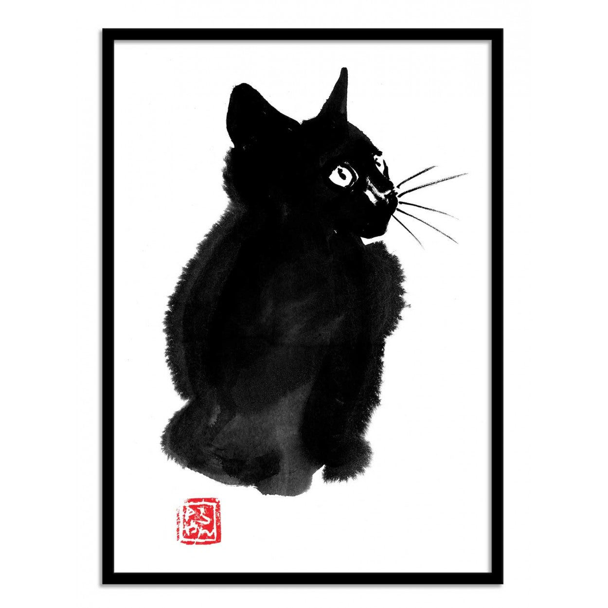 Fluffy Cat by Pechane Sumie – 30x40 cm sumi-e Japanese ink art print of a black cat with expressive eyes. Minimalist animal wall art blending traditional brush painting with contemporary elegance. Perfect zen-inspired home decor on FSC-certified paper.
