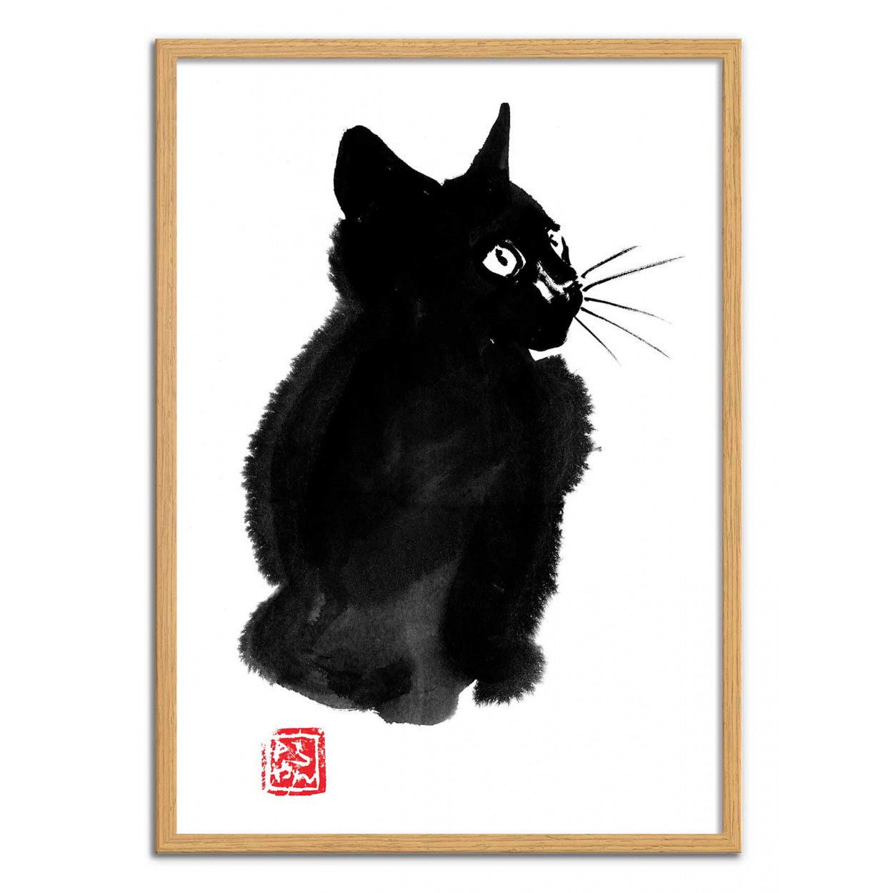 Fluffy Cat by Pechane Sumie – 30x40 cm sumi-e Japanese ink art print of a black cat with expressive eyes. Minimalist animal wall art blending traditional brush painting with contemporary elegance. Perfect zen-inspired home decor on FSC-certified paper.