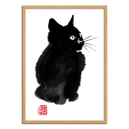 Fluffy Cat by Pechane Sumie – 30x40 cm sumi-e Japanese ink art print of a black cat with expressive eyes. Minimalist animal wall art blending traditional brush painting with contemporary elegance. Perfect zen-inspired home decor on FSC-certified paper.
