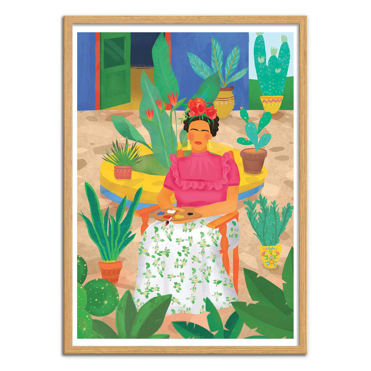 Frida by Petra Lizde – 30x40 cm colorful art print of Frida Kahlo seated in a garden with tropical plants. Vibrant Mexican-inspired wall art, botanical illustration, and bold portrait design perfect for adding creativity and warmth to interiors.