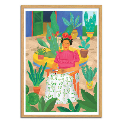 Frida by Petra Lizde – 30x40 cm colorful art print of Frida Kahlo seated in a garden with tropical plants. Vibrant Mexican-inspired wall art, botanical illustration, and bold portrait design perfect for adding creativity and warmth to interiors.