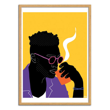 Haut en Couleurs V2 by Aurélia Durand – 30x40 cm colorful art print of a man drinking coffee, wearing purple sunglasses against a bright yellow background. Bold modern wall art celebrating diversity and vibrant pop culture style.