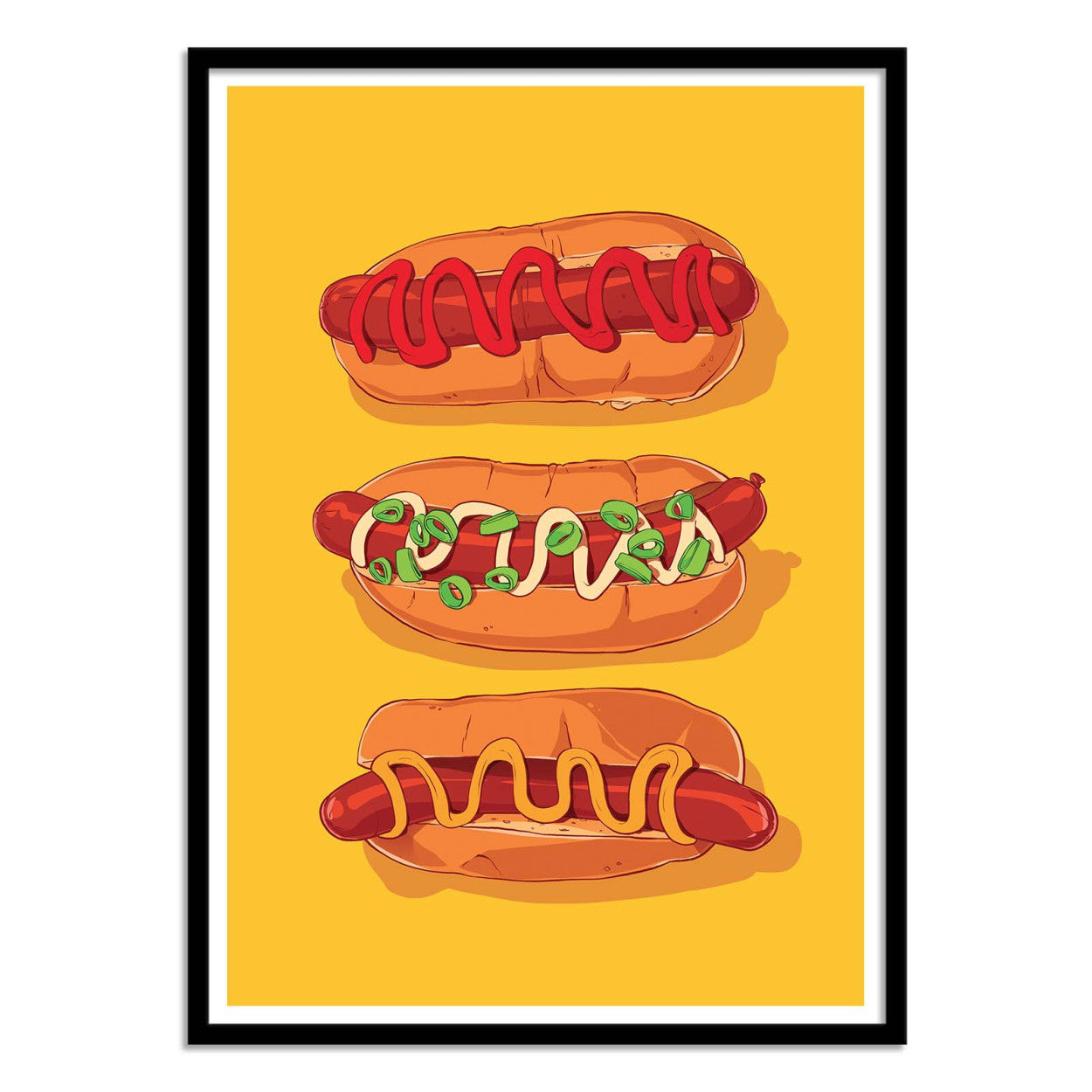 Hotdog Yellow by Barrie Jones – 30x40 cm art print featuring three illustrated hotdogs with ketchup, mustard, and toppings on a bright yellow background. Fun and modern kitchen wall art inspired by food culture.