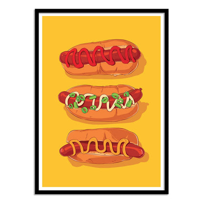 Hotdog Yellow by Barrie Jones – 30x40 cm art print featuring three illustrated hotdogs with ketchup, mustard, and toppings on a bright yellow background. Fun and modern kitchen wall art inspired by food culture.