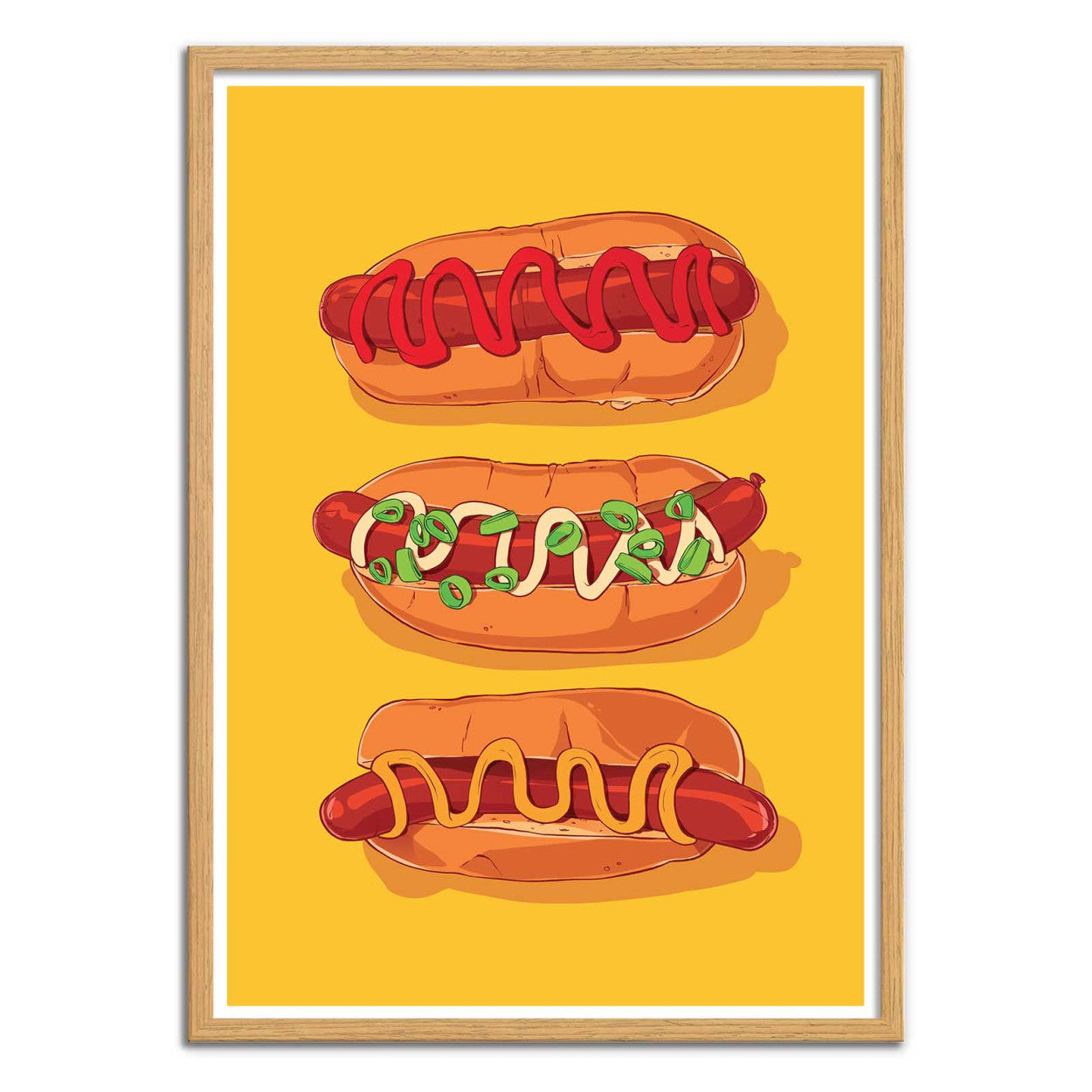 Hotdog Yellow by Barrie Jones – 30x40 cm art print featuring three illustrated hotdogs with ketchup, mustard, and toppings on a bright yellow background. Fun and modern kitchen wall art inspired by food culture.