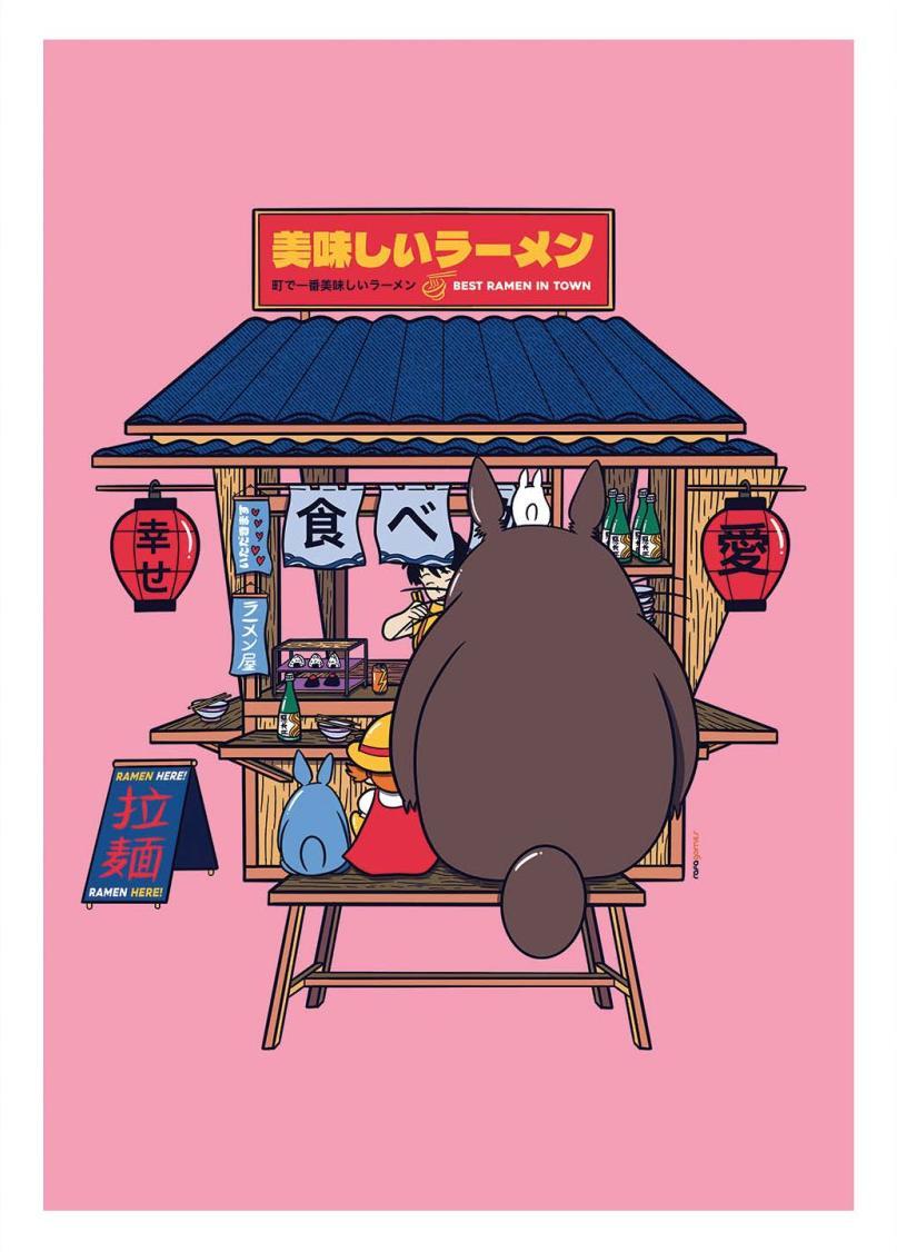 Colorful Japanese ramen stand illustration featuring Totoro and friends eating ramen under red lanterns, created by Rafa Gomes. Pop culture digital art print with pink background, inspired by anime and Japanese street food aesthetics.