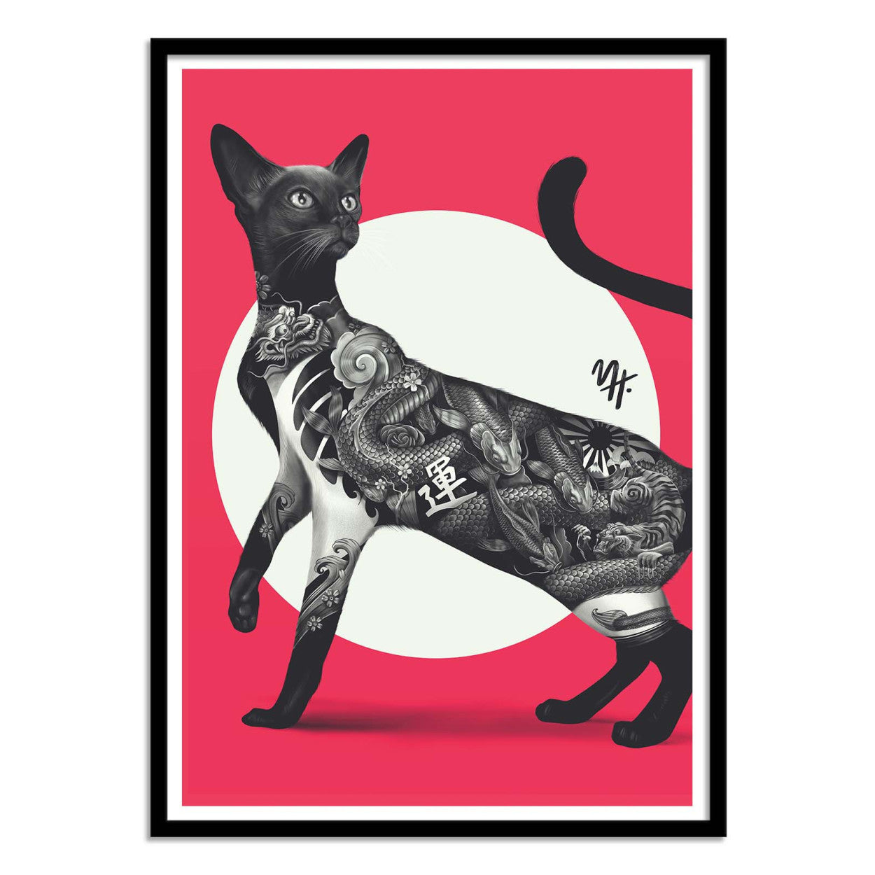 Japanese Cat Tattoo Red by Mark Harrison – 30x40 cm art print featuring a black cat with detailed Japanese irezumi tattoos on its body, set against a red and white graphic background. Striking modern wall art for cat lovers and tattoo enthusiasts.