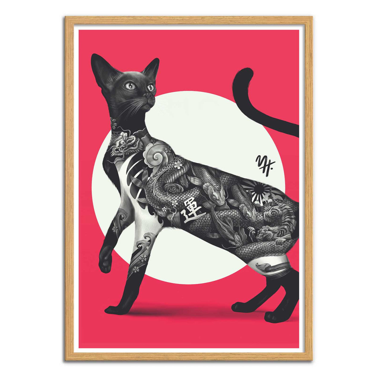 Japanese Cat Tattoo Red by Mark Harrison – 30x40 cm art print featuring a black cat with detailed Japanese irezumi tattoos on its body, set against a red and white graphic background. Striking modern wall art for cat lovers and tattoo enthusiasts.
