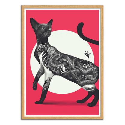 Japanese Cat Tattoo Red by Mark Harrison – 30x40 cm art print featuring a black cat with detailed Japanese irezumi tattoos on its body, set against a red and white graphic background. Striking modern wall art for cat lovers and tattoo enthusiasts.