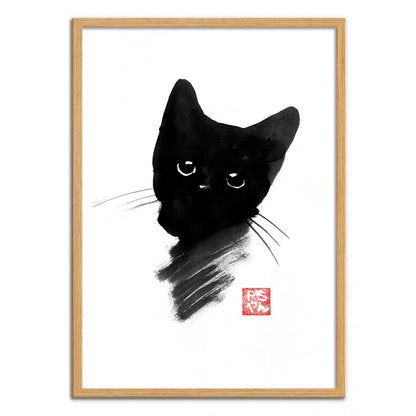Black Kitty by Pechane Sumie – 30x40 cm Japanese sumi-e style art print of a black kitten with large expressive eyes, painted in bold black ink on white background. Minimalist cat wall art for elegant and zen interiors.