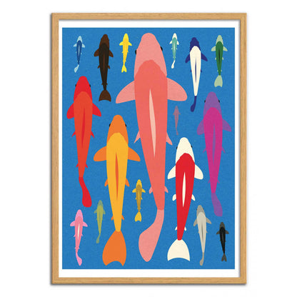 Koi Gang by Rosi Feist – 30x40 cm colorful art print featuring a school of koi fish in bold pop-art style. Minimalist paper-cut inspired illustration with vibrant blue background and bright graphic shapes. Modern wall art for Japanese-inspired interiors.