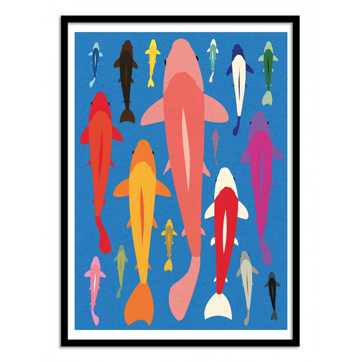 Koi Gang by Rosi Feist – 30x40 cm colorful art print featuring a school of koi fish in bold pop-art style. Minimalist paper-cut inspired illustration with vibrant blue background and bright graphic shapes. Modern wall art for Japanese-inspired interiors.
