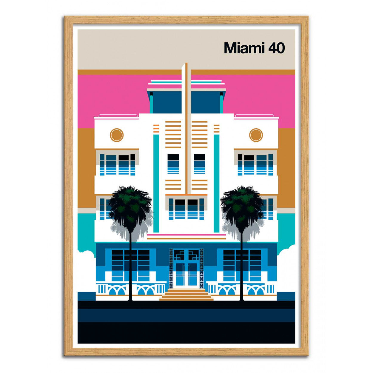 Miami 40 by Bo Lundberg – 30x40 cm retro art print inspired by Miami’s Art Deco architecture. Bold vector illustration in pink, blue, and gold tones with palm trees, capturing vintage glamour and modern minimalism.