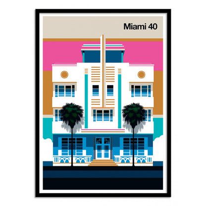 Miami 40 by Bo Lundberg – 30x40 cm retro art print inspired by Miami’s Art Deco architecture. Bold vector illustration in pink, blue, and gold tones with palm trees, capturing vintage glamour and modern minimalism.