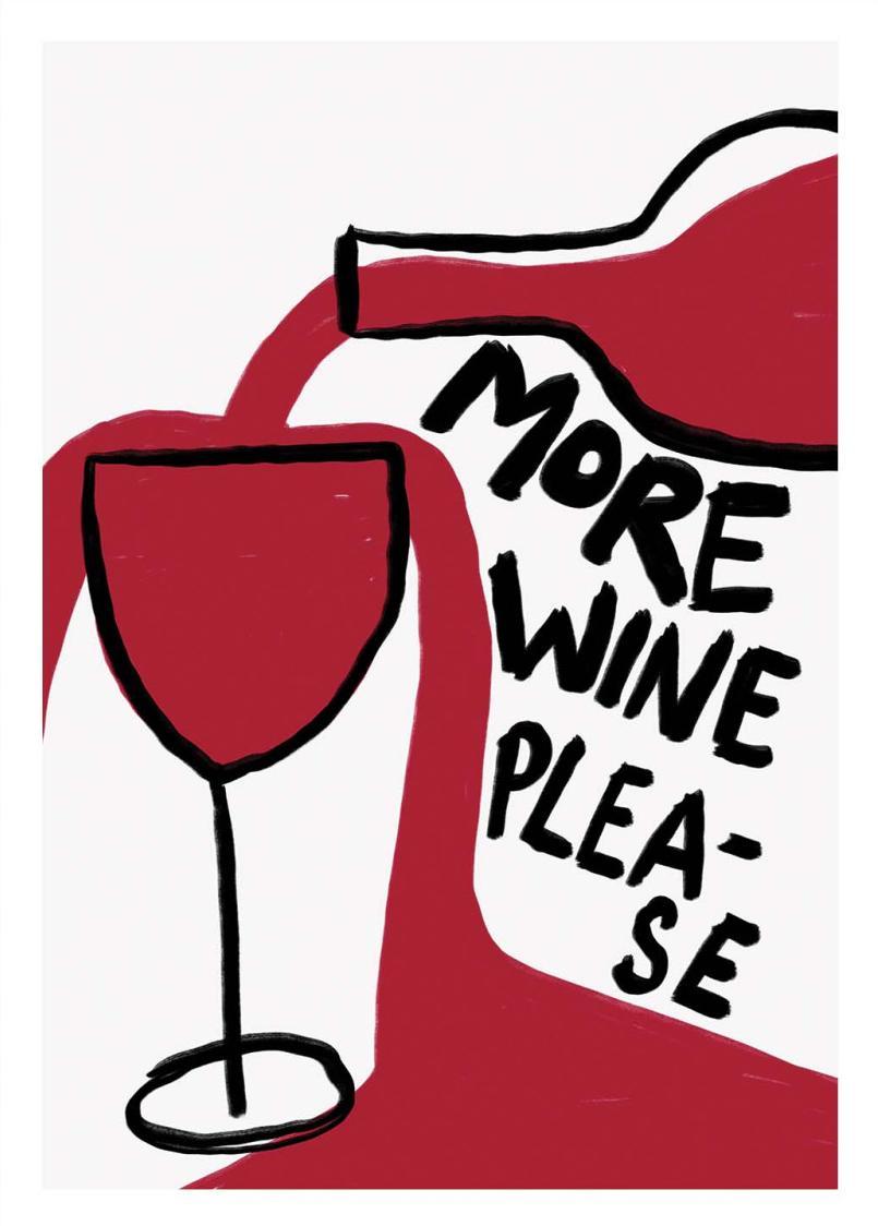 Playful wine-themed art print by Athene Fritsch featuring a hand-drawn wine bottle pouring red wine into a glass with the text “More Wine Please” in bold black letters. Perfect humorous wall art for wine lovers, kitchen decor, or dining spaces.