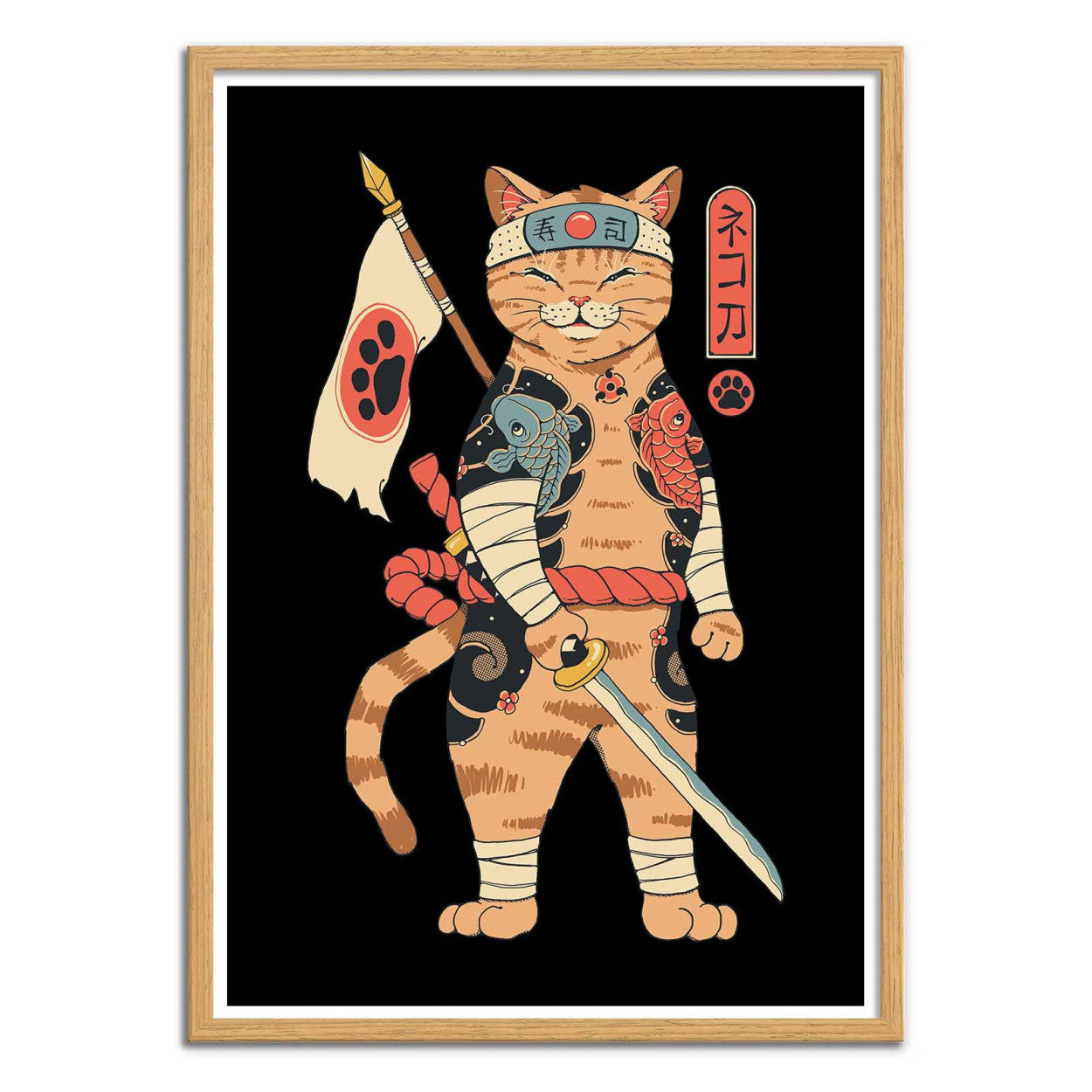 Neko Shogun by Vincent Trinidad – 30x40 cm art print of a samurai warrior cat with koi tattoos, Japanese flag, and sword. Bold, colorful pop culture artwork for modern wall decor and anime-inspired interiors.