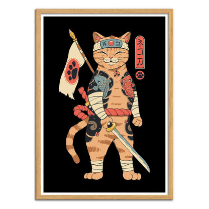 Neko Shogun by Vincent Trinidad – 30x40 cm art print of a samurai warrior cat with koi tattoos, Japanese flag, and sword. Bold, colorful pop culture artwork for modern wall decor and anime-inspired interiors.