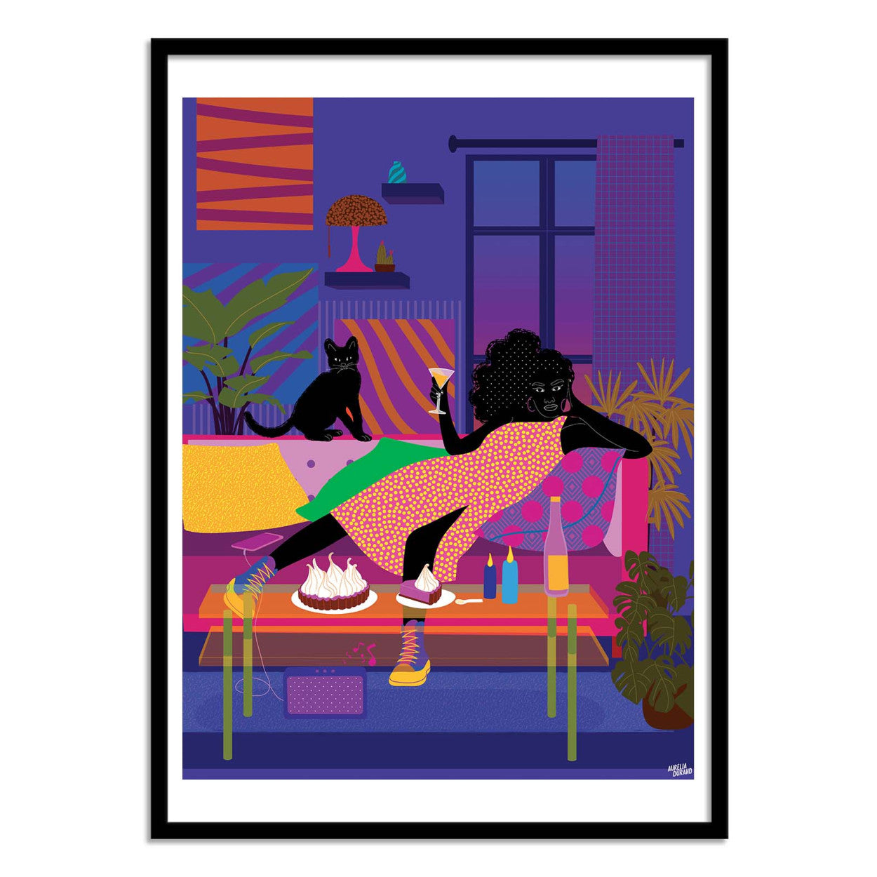 Netflix and Chill by Aurélia Durand – 30x40 cm art print of a stylish woman lounging on a sofa with a cocktail and dessert, surrounded by bold patterns, plants, and a black cat. Colorful, vibrant wall decor celebrating diversity and modern lifestyle.