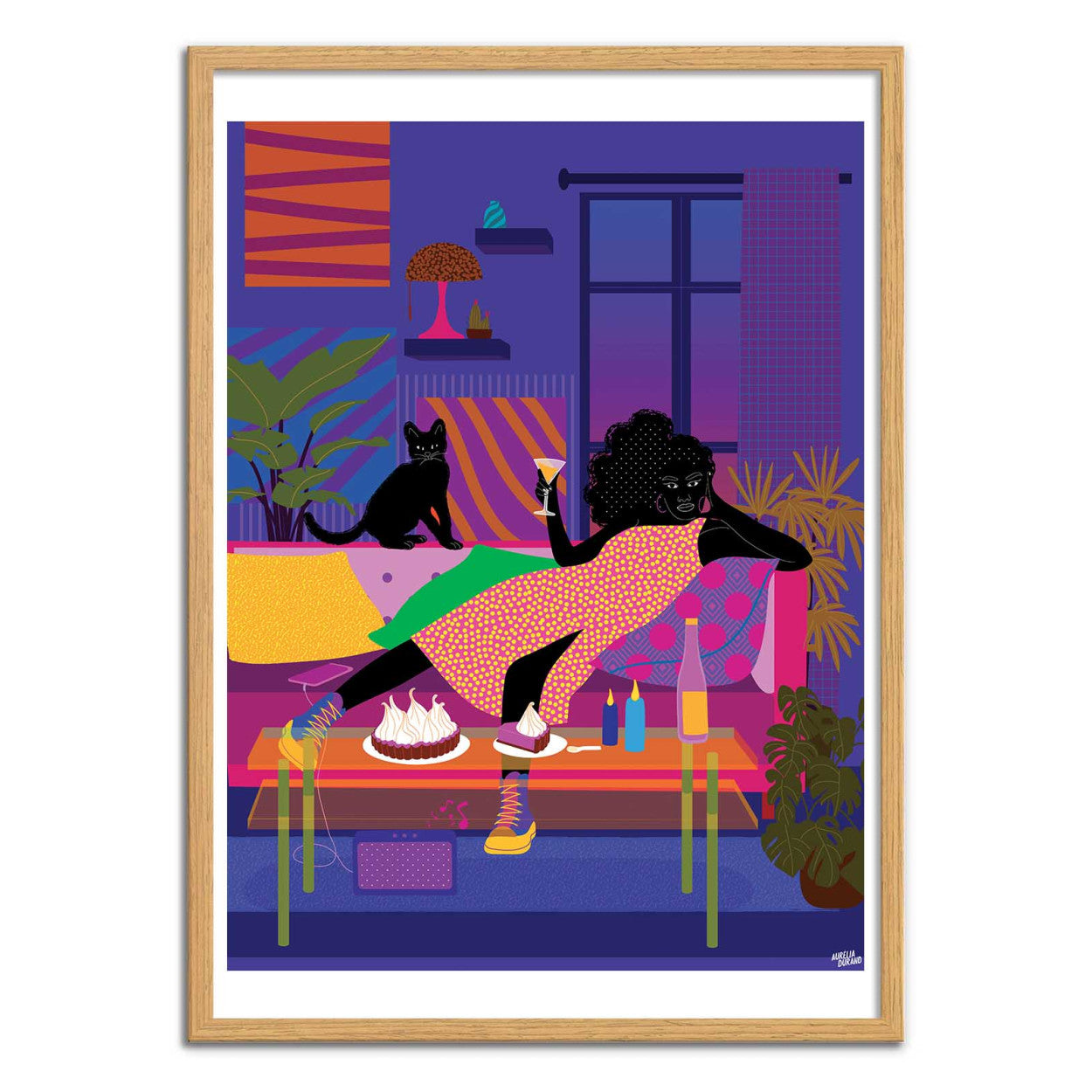 Netflix and Chill by Aurélia Durand – 30x40 cm art print of a stylish woman lounging on a sofa with a cocktail and dessert, surrounded by bold patterns, plants, and a black cat. Colorful, vibrant wall decor celebrating diversity and modern lifestyle.