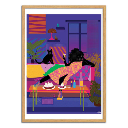 Netflix and Chill by Aurélia Durand – 30x40 cm art print of a stylish woman lounging on a sofa with a cocktail and dessert, surrounded by bold patterns, plants, and a black cat. Colorful, vibrant wall decor celebrating diversity and modern lifestyle.
